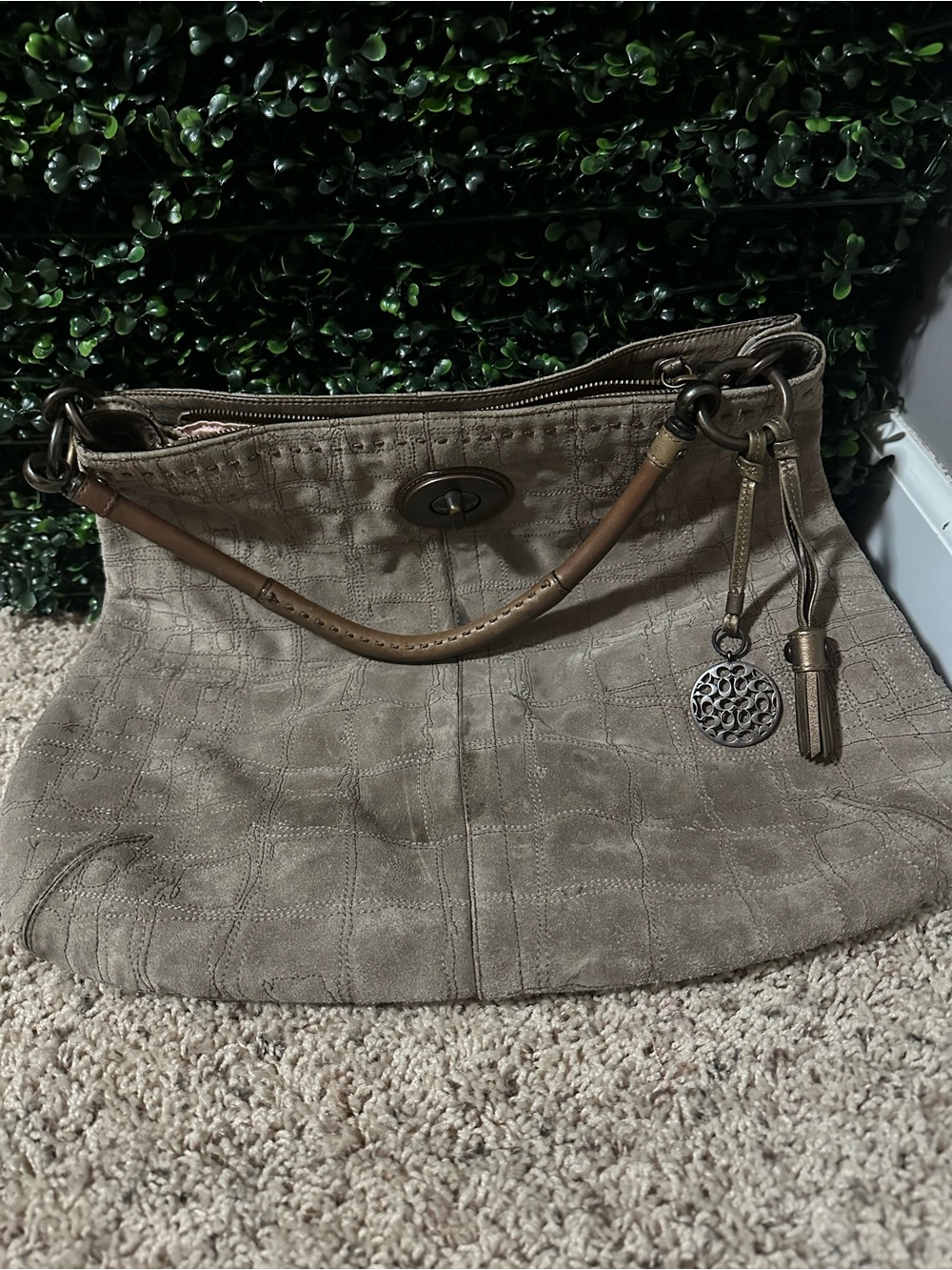 Coach Taupe Suede Hobo Bag with Tassel Charm